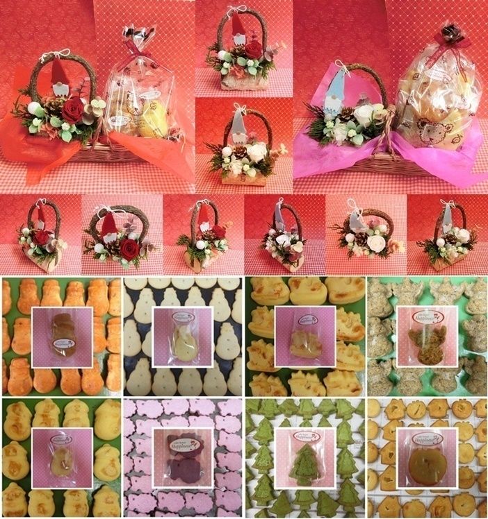 森のクリスマスをイメージして作った白樺の器にアレンジしたプリザーブドフラワーと冬の焼き菓子のセット