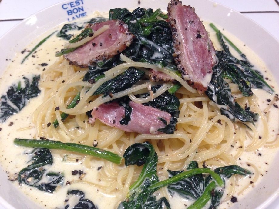 合鴨とほうれん草のクリームパスタ