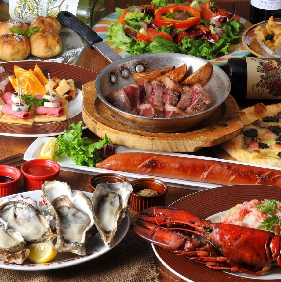 【牡蠣、ステーキ、オマール海老も！炭リッチ堪能コース】生＆ワイン等120分飲放4500円⇒4000円