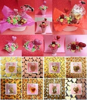 ピンクのハートの陶器にアレンジした薔薇のプリザーブドフラワーとハートの焼き菓子のギフトセット