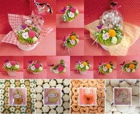 ピンポンマムのプリザーブドフラワーをメインに桜の花をあしらったアレンジと桜の焼き菓子のギフトセット