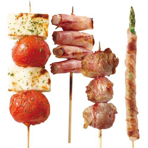 トマト肉巻き／カプレーゼ／アスパラ豚巻き／もちもちベーコン／豚バラ串／ソーセージ（240円～330円）