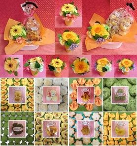 黄色の陶器にアレンジしたガーベラのプリザーブドフラワーと果物や野菜を使った焼き菓子のギフトセット♪(*^▽^*)