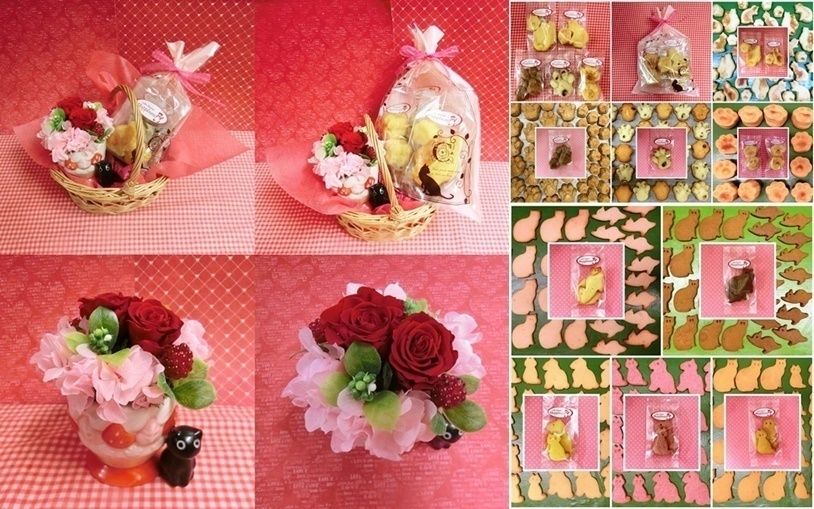 黒猫付き陶器カップにアレンジしたプリザーブドフラワーとネコの焼き菓子のギフトセット販売中です♪(=^・^=)