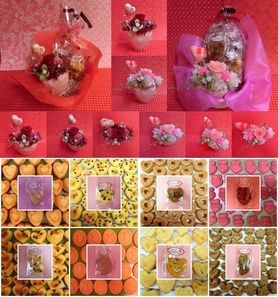 立体ハートの陶器にアレンジしたプリザーブドフラワーとハートの焼き菓子のギフトセット販売中です♪