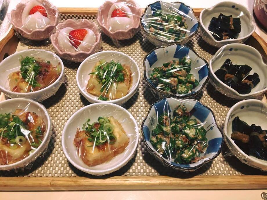 あげだし豆腐・おくらゴマあえ・こんぶ巻・いちご大福（all 300）