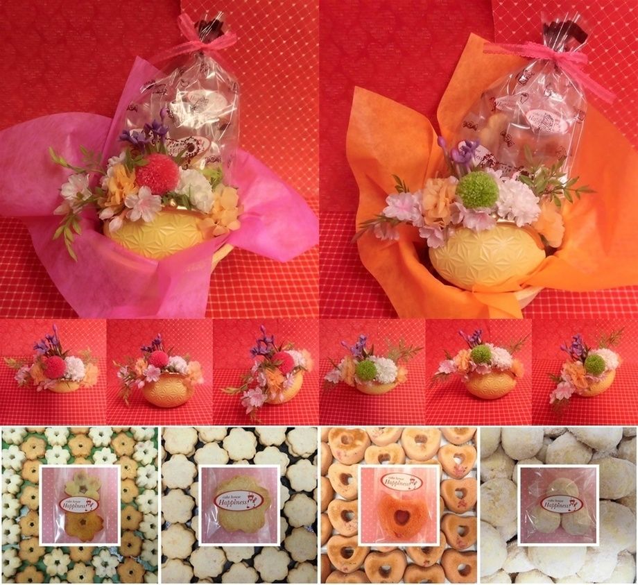がまぐち型陶器にピンポンマムのプリザーブドフラワーをメインに桜の花をあしらったアレンジと桜の焼き菓子のセット販売中です♪(＾◇＾)
