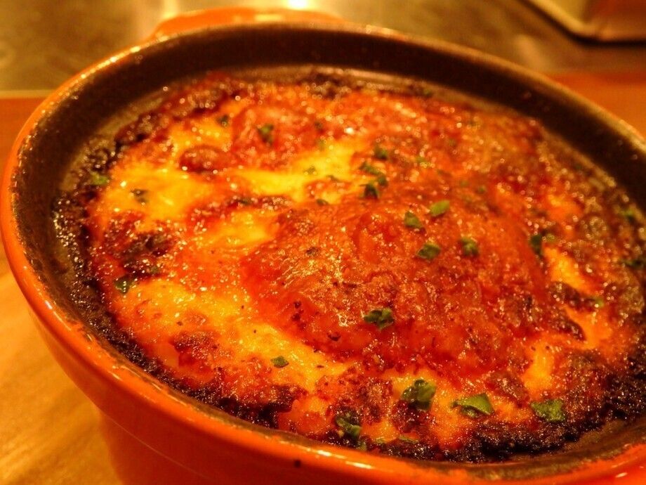 ミートソース、マッシュポテトの重ねグラタン