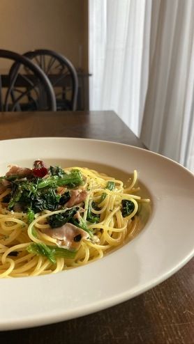 生ハムとほうれん草のスパゲッティ