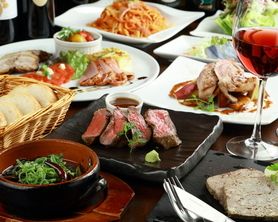 ★歓送迎会プラン★【今だけ！3時間飲み放題付き♪】～宮崎産霧峰牛ステーキが入った肉バルの王道を詰め込んだ！肉宴会コース♪４５００円　※金・祝前日は2時間飲み放題