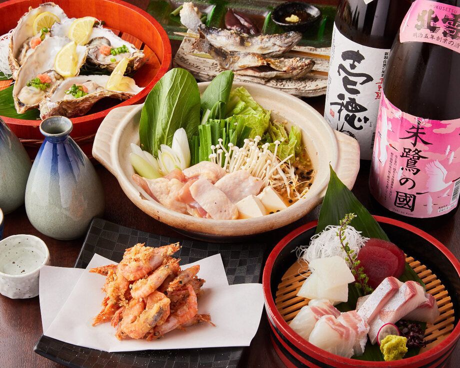 板長厳選の素材にこだわる【朱鷺の恵みコース】お料理8品・3時間飲み放題付き【完全個室確約】