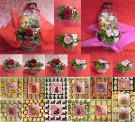 銀縁に輝いた陶器にクリスマスアレンジした薔薇のプリザーブドフラワーアレンジと冬の焼き菓子のギフトセット
