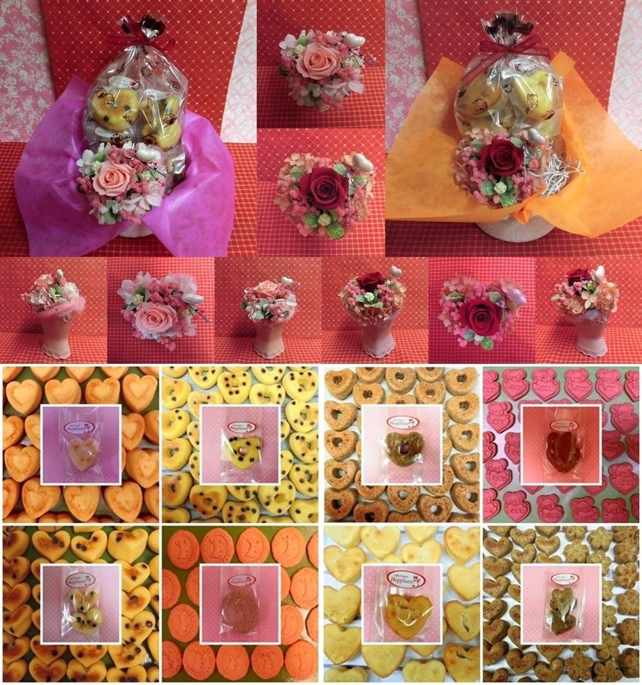 エレガントなハートの陶器にアレンジした薔薇のプリザーブドフラワーとハートの焼き菓子のギフトセット販売中です