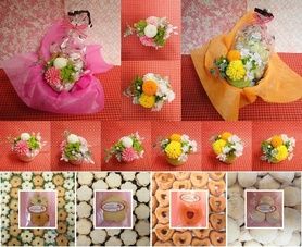 ピンポン菊のプリザーブドフラワーとダリアと桜のシルクフラワーを合わせた和風アレンジと桜の焼き菓子のギフトセット