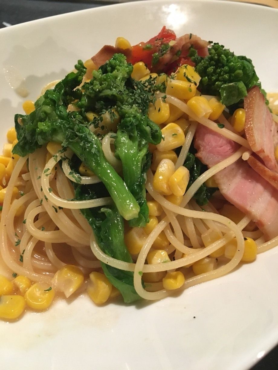 菜の花とスイートコーンのペペロンチーノ 焦がしバター香る絶品パスタ(3月)