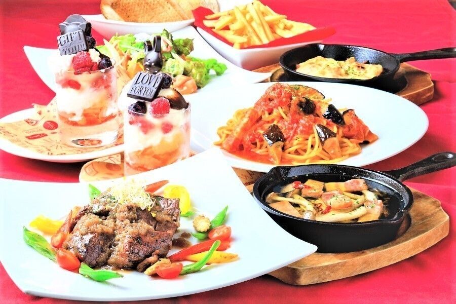 ★[ディナーコース⑥]2名様～「お誕生日会や女子会におススメ」牛さがり肉ステーキとパフェ付シェアコース[お祝い対応]