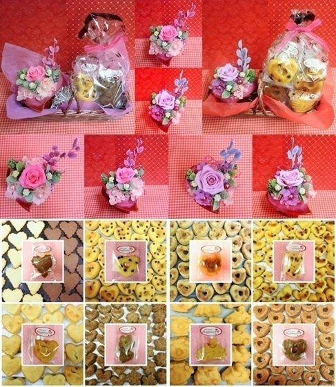 陶器のハートカップにピンクや淡いパープルの薔薇をメインにアレンジしたプリザーブドフラワーとハートの焼き菓子のギフトセット販売中♪(*^▽^*)