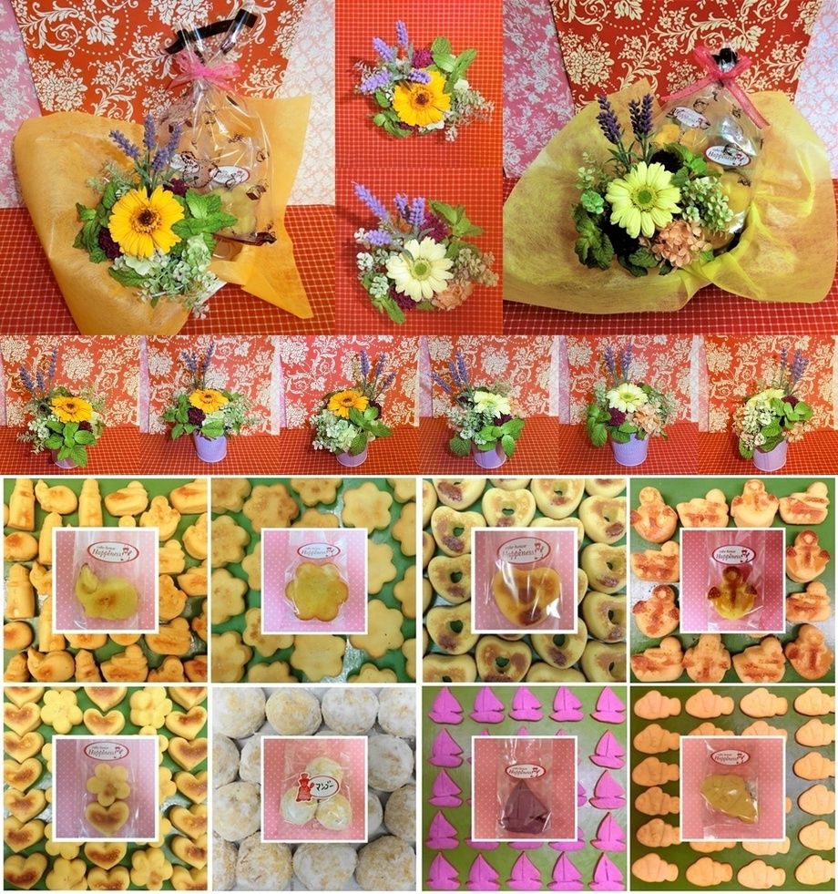 エレガントなパープルの陶器カップにアレンジしたガーベラのプリザーブドフラワーと夏の焼き菓子のギフトセット(^^♪