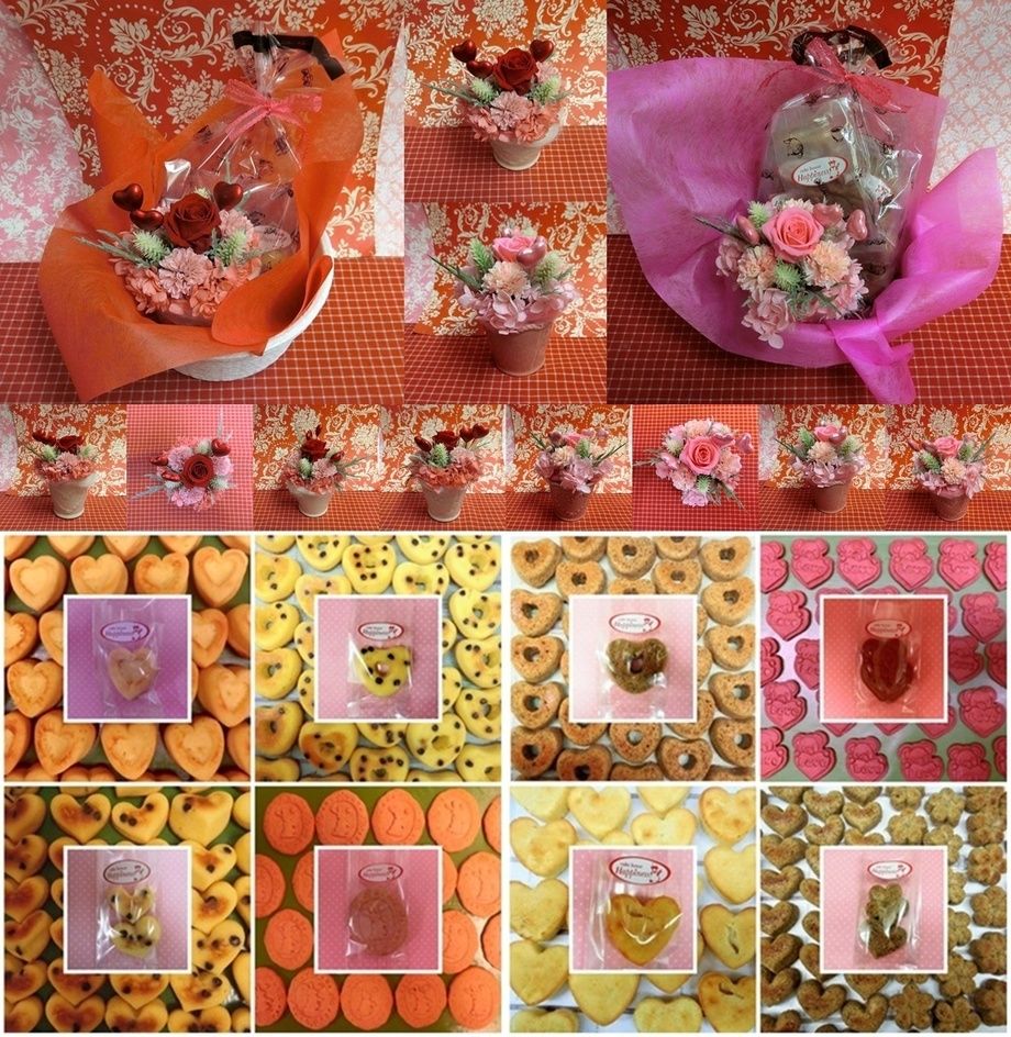 ハート柄の陶器カップにアレンジした薔薇のプリザーブドフラワーとハートの焼き菓子のギフトセット