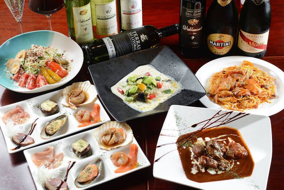 『クオリア』コース ★ 前菜6種盛や人気のムニエル、お肉料理に選べるソースパスタまで付いた満腹コース！