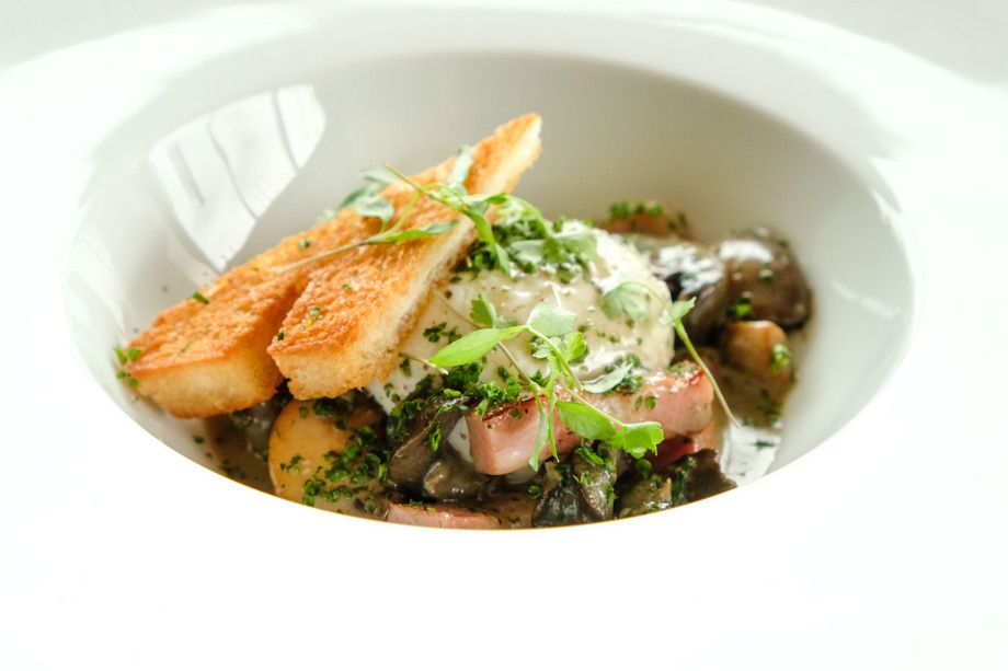 フランス産 エスカルゴとマッシュルームのフリカッセ エスカルゴとマッシュルームのフリカッセ エスカルゴとマッシュルームのフリカッセ パセリ風味のクレーム、クルトン、ポーチ・ド・エッグ共に 