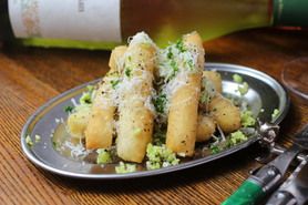 Fried pizza with black pepper, Edamame & Parmigiano