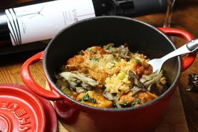 Spicy Chicken and Mushrooms Tiella barese (Italian cooked Rice)