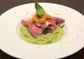 冷製パスタ　ブッラータチーズとうにくのズッキーニソース