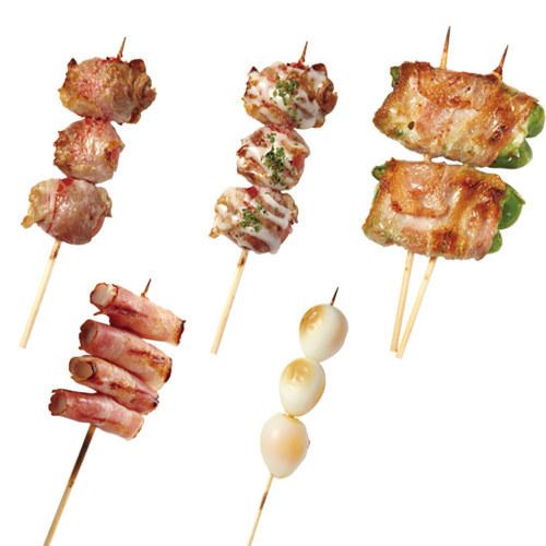 トマト肉巻き（バーニャソース）／もちもちベーコン／うずらのたまご／チーピー肉巻き（190～260円）