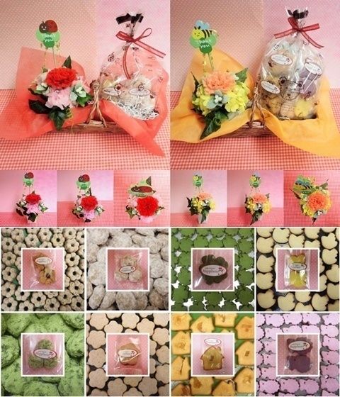 お母さんありがとうの言葉を添えたプリザーブドフラワーアレンジと野菜や果物を使った焼き菓子のセット