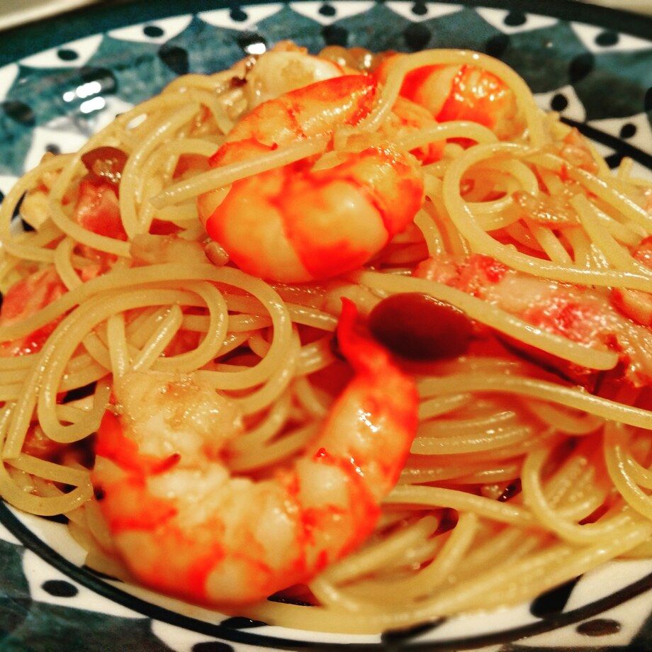 ベーコン、しめじ、エビの和風（￥1300）