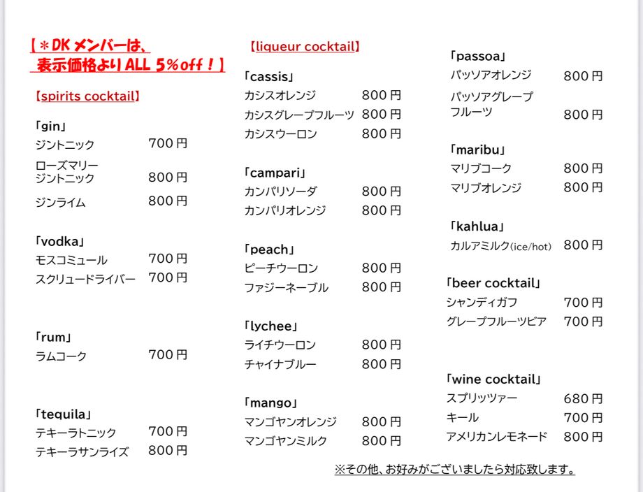 アルコールメニュー