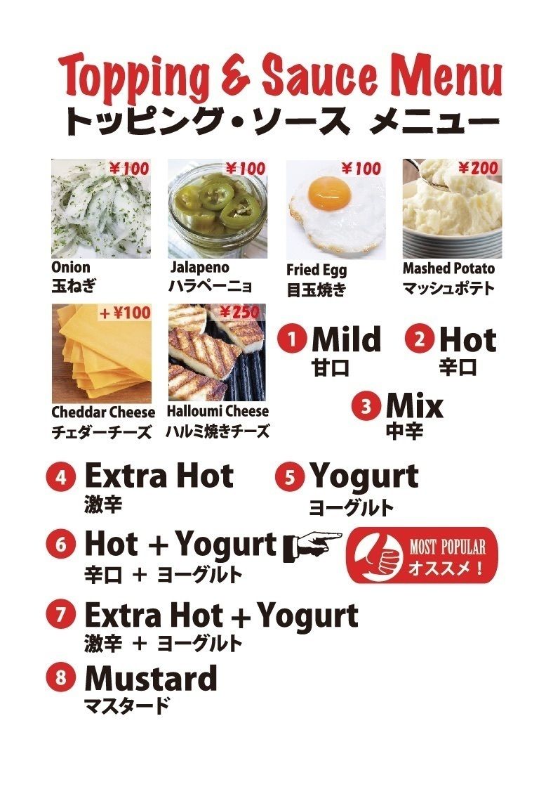 トッピングメニュー　Topping Menu