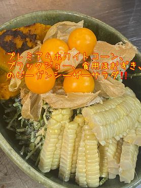 プレミアムホワイトコーン、くりりんかぼちゃ食用ほおずきのビーガンシーザーサラダ‼️