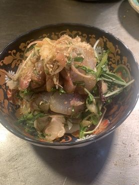 天然ヒラメ、ミョウガ、大葉、ベビーリーフのゴマ醤油‼️