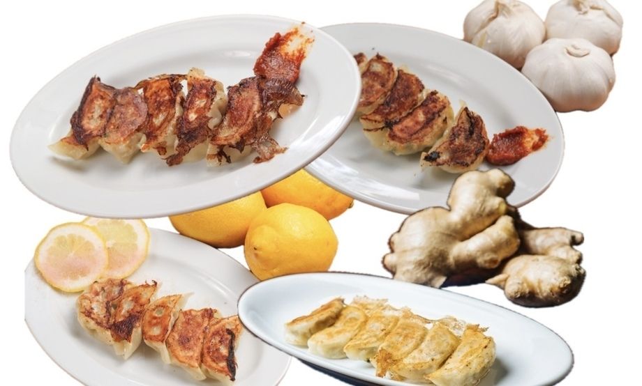 餃子食べ比べ各2コずつ（AIR餃子、スタミナ餃子、まじれもん餃子、しょうが餃子）