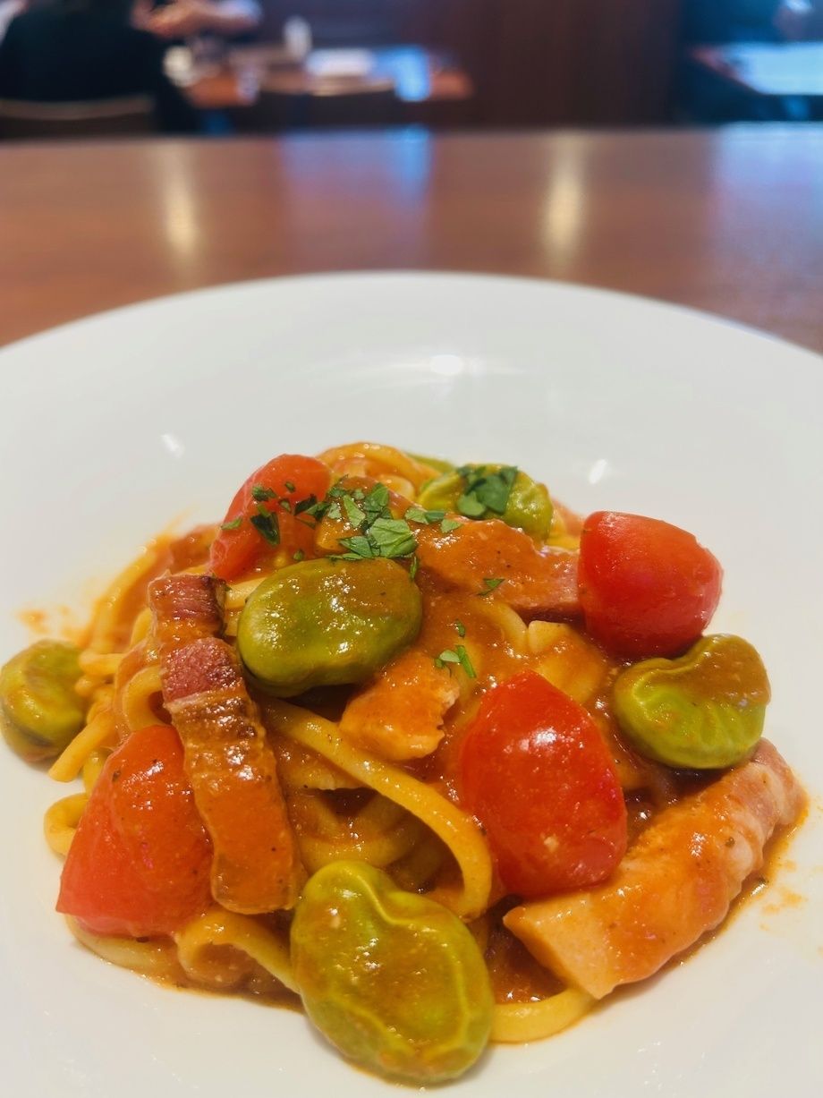 【前菜とデザート付き】パンチェッタとそら豆のトマト生パスタセット