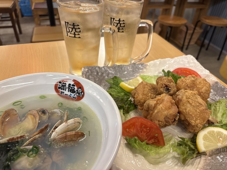 鶏もも唐揚げ&アサリバタースープ仕立て＋ハイボール2杯付き