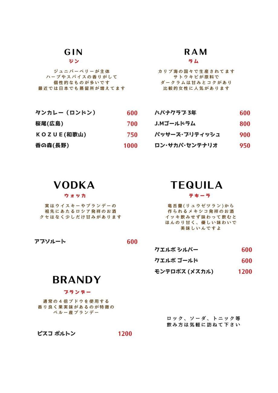 ジン　ラム　テキーラ　ウォッカ　ブランデー