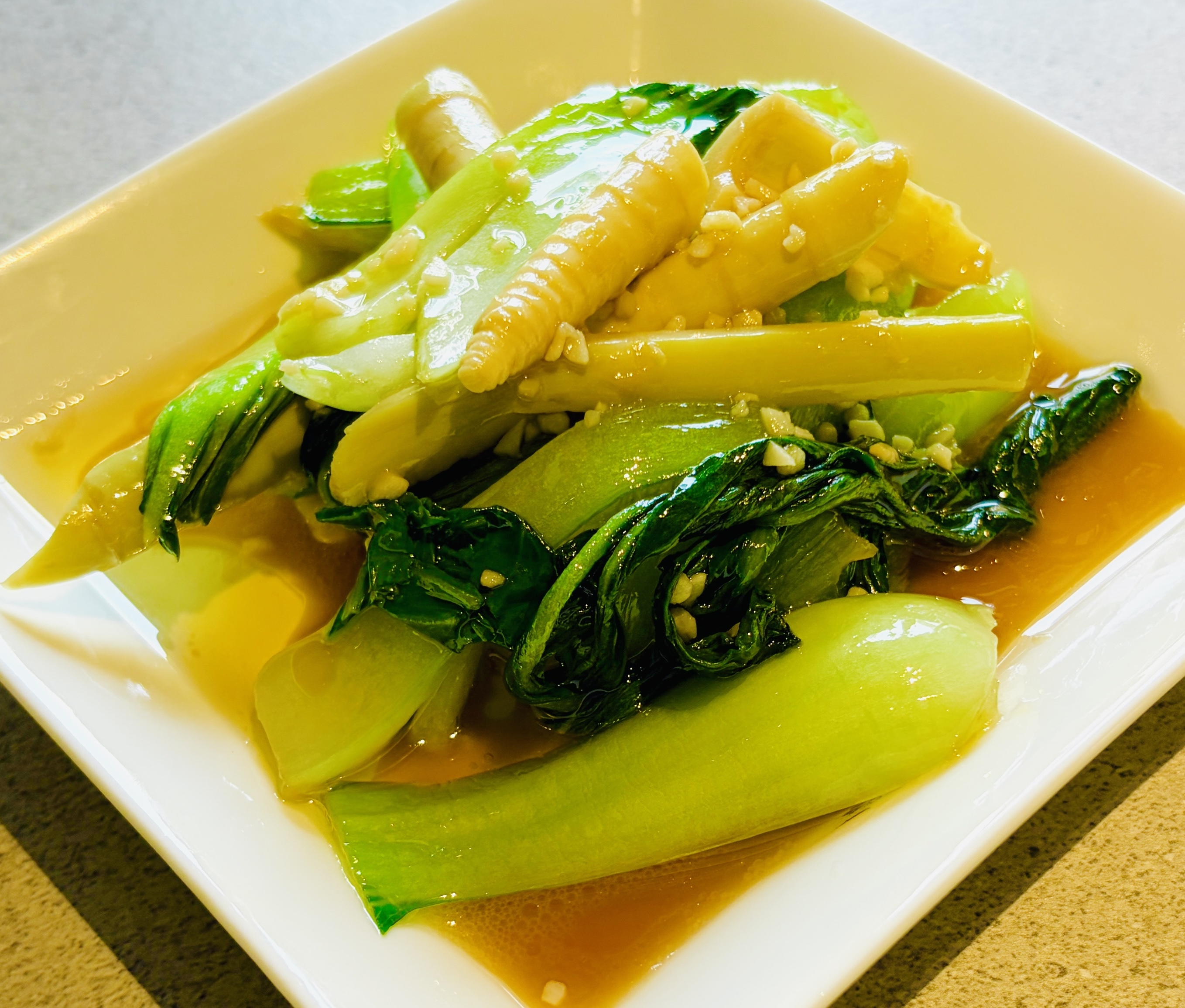 姫たけのことチンゲン菜のガーリックオイル炒め