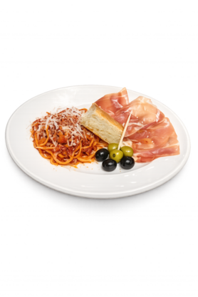 藤沢豚ほほ肉の生ハム”グアンチャーレ”のアマトリチャーナ（ハーフサイズ）×白ワイン×ハモンセラーノ×フォカッチャ