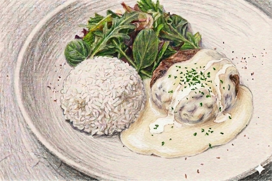 ランチ限定　黒毛和牛入り手ごねジューシーハンバーグプレート〈ホワイトソース〉