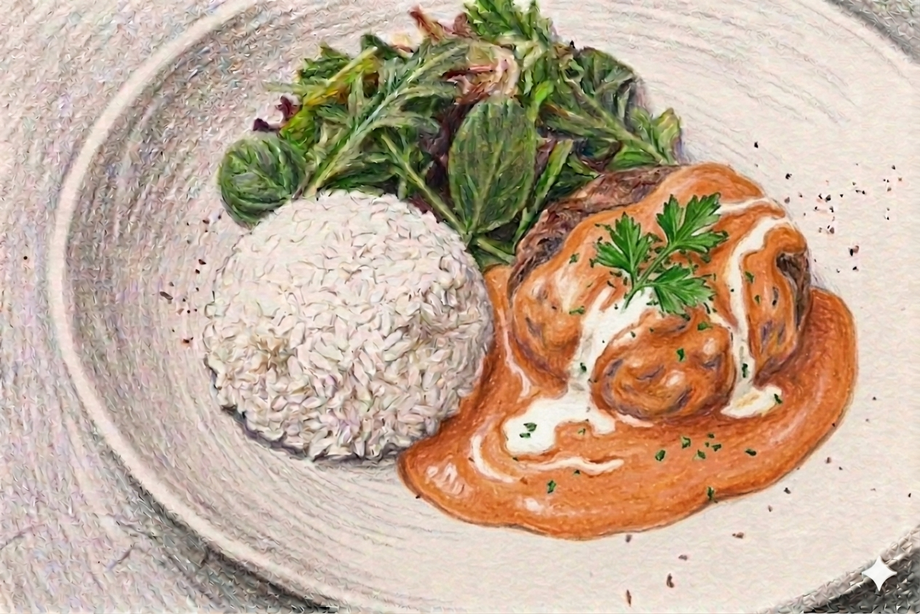 ランチ限定　黒毛和牛入り手ごねジューシーハンバーグプレート〈トマトクリームソース〉