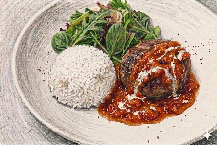 ランチ限定　黒毛和牛入り手ごねジューシーハンバーグプレート〈トマトソース〉
