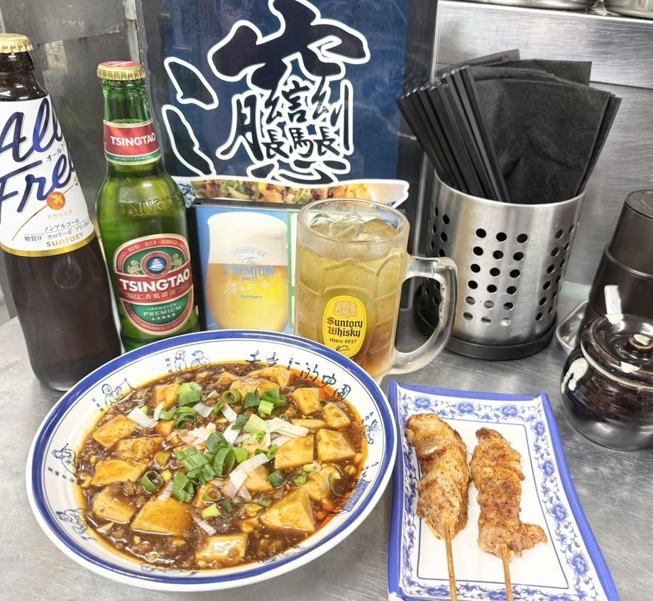 晩酌セットB(ドリンク・麻婆豆腐・鶏もも串揚げ2本)