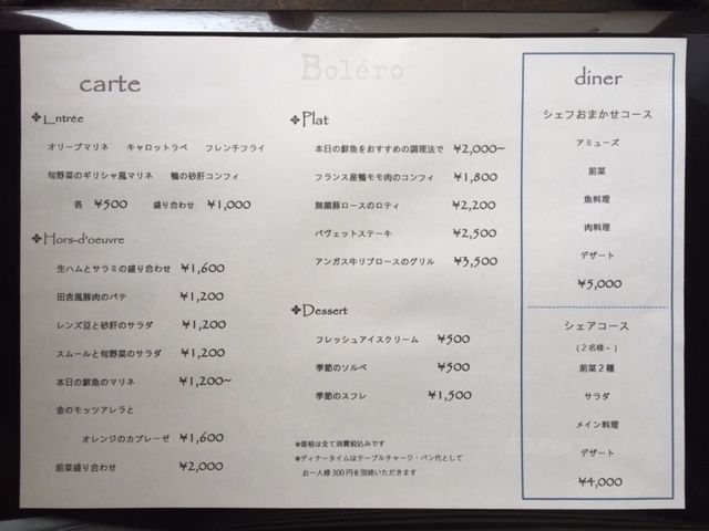 ディナーメニュー表