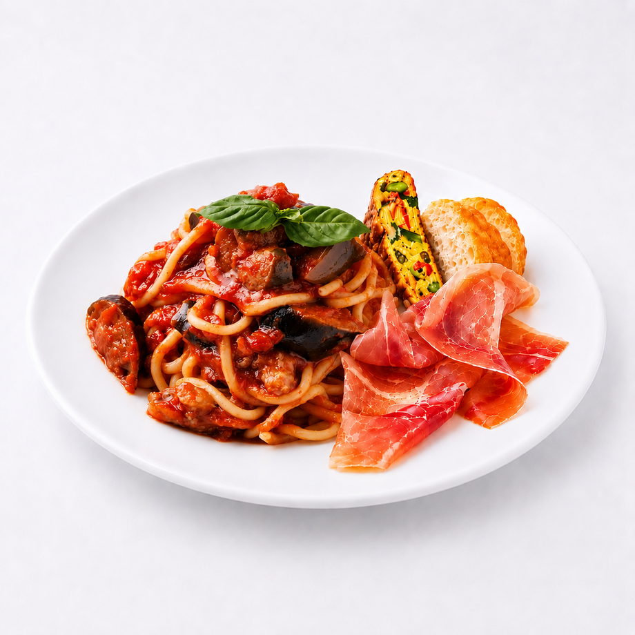 イタリア産トマトと茄子のスパイスポモドーロ×生ハム×フリッタータ×フォカッチャ