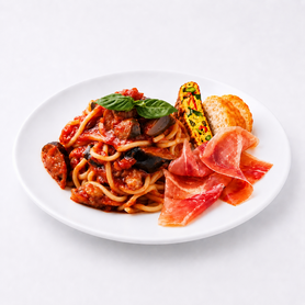 イタリア産トマトと茄子のスパイスポモドーロ×生ハム×フリッタータ×フォカッチャ