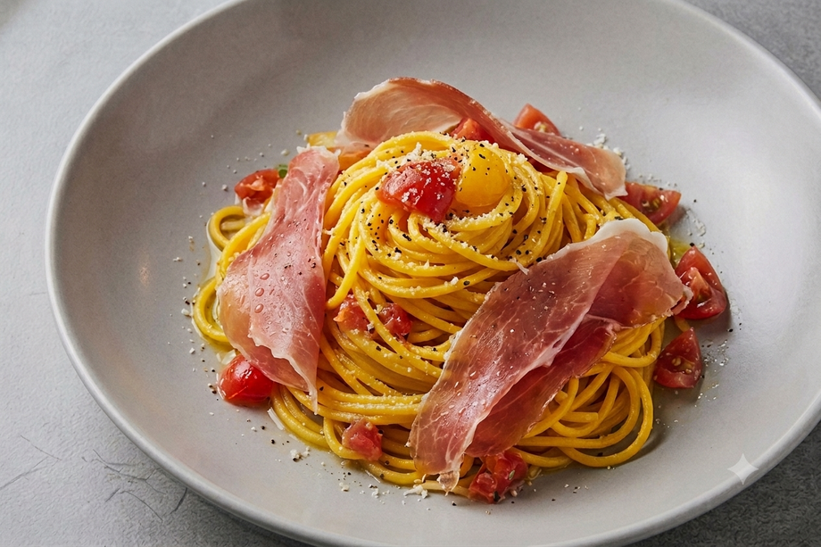生ハムとトマトの冷製パスタ〈米粉入とカボチャのスパゲッティ〉