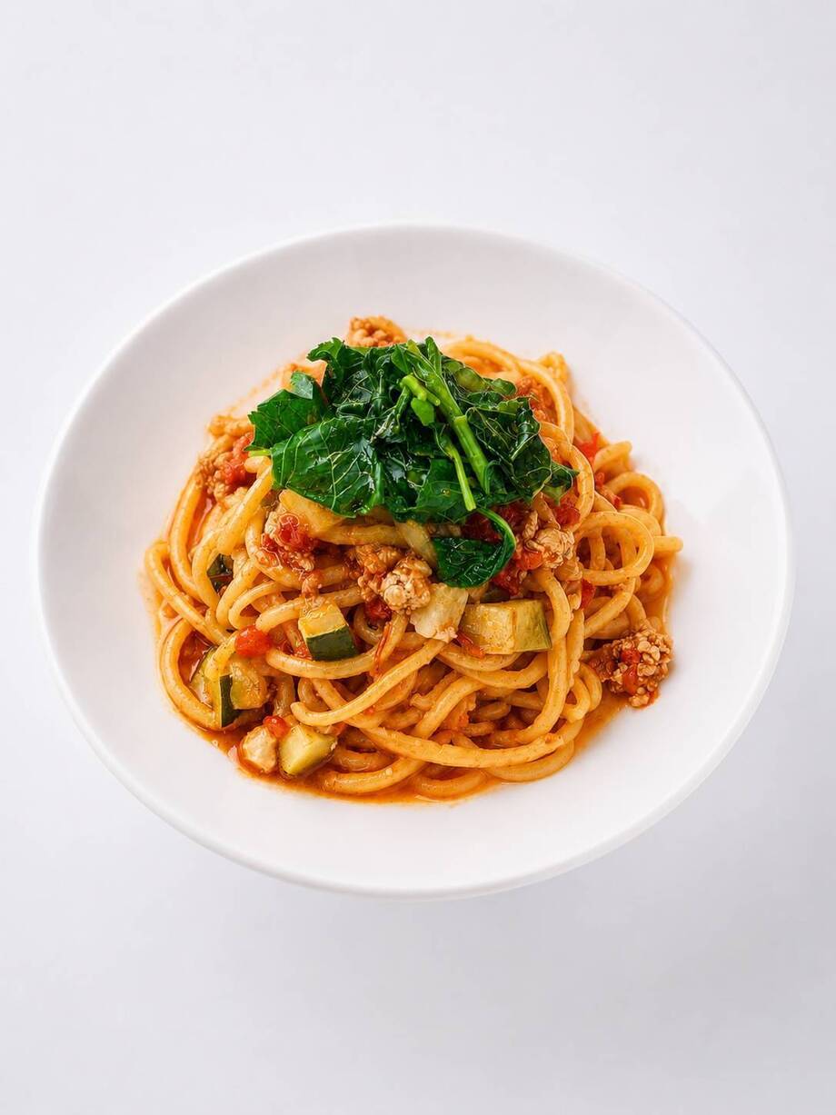【ランチ】自家製の辛いサルシッチャと東京産モロヘイヤのアラビアータ+フォカッチャ